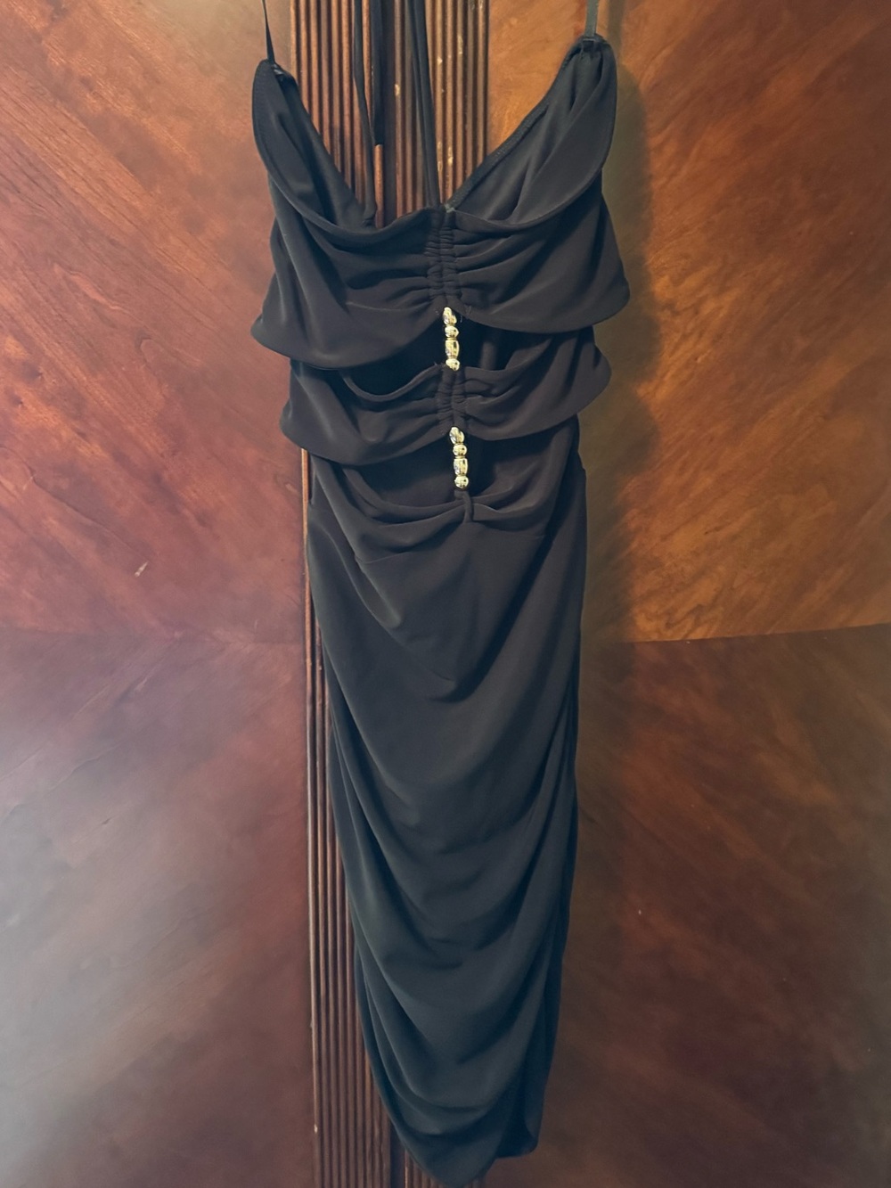 Windsor Black Necktie Ruched Midi Dress with Center Gem Accents
